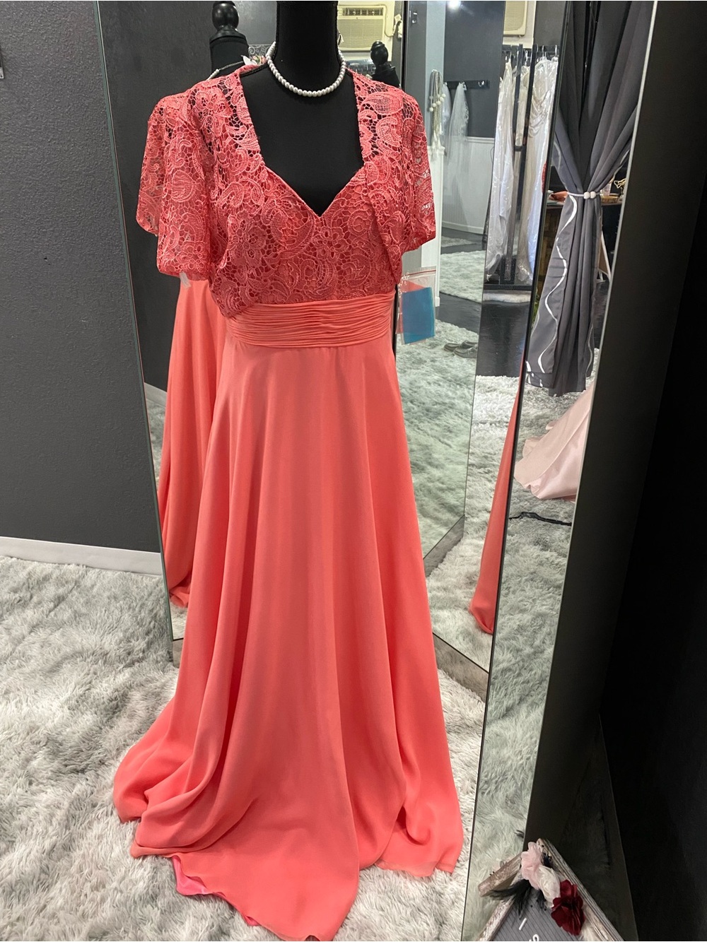 Serena London Lace Bodice Coral Evening Dress
